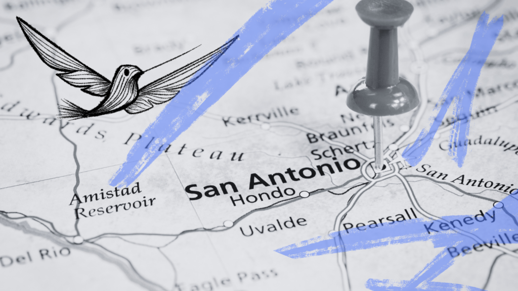 Map of San Antonio, Texas with the Klarisana hummingbird illustration