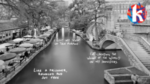 Black and white photo of the San Antonio Riverwalk with quotes about anxiety overlapping the photo